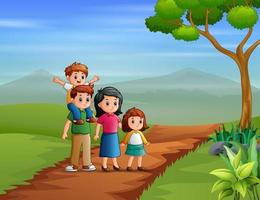Happy family walking on the hill vector