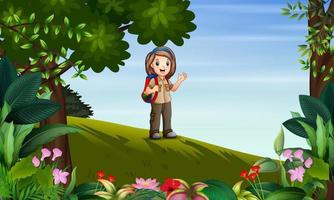 niña exploradora con mochila en el bosque vector