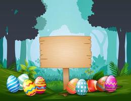 Easter eggs with wooden sign in the middle of dark forest vector