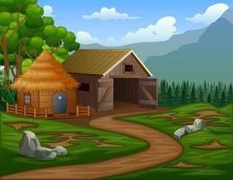 Cartoon barn house with a cabin in the farmland