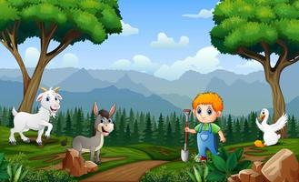 Young farmer with animals in the field vector