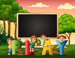 Blackboard with children playing on nature vector