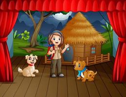 drama de campamento la niña exploradora con sus mascotas en el escenario vector