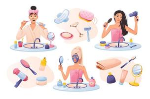 Morning hygiene collection. Young girl during daily hygiene. A set of items for morning feminine hygiene. Self care at home. Cartoon vector illustration.