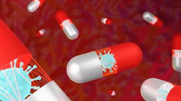 COVID-19 vaccine drug. Red and white pill is destroying red coronavirus disease. Healthcare and medical or pandemic concept. Red color background sci-fi concept. 3D rendering illustration.