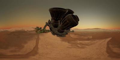 vr360 gammalt rostigt utomjordiskt rymdskepp i öknen. ufo video