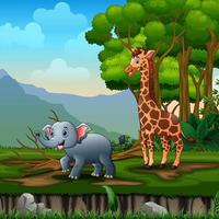 Cartoon giraffe and elephant playing in the jungle vector