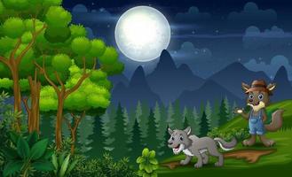 Night scene with two wolves at nature vector