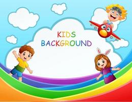 Happy children on colorful rainbow illustration vector