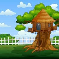 escena con casa del árbol de madera en medio de la naturaleza vector