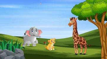 Wild animals enjoying at the green field vector