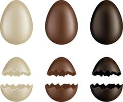 set of whole and broken chocolate eggs. vector