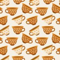 Seamless pattern, coffee cups with an ornament of coffee beans and hearts, brown and beige colors. Textile, print, cafe decor vector
