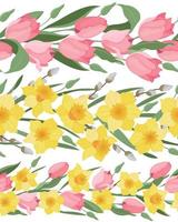 un conjunto de bordes vectoriales sin costuras hechos de narcisos y tulipanes. primavera. Pascua de Resurrección vector