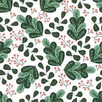 patrón abstracto con hojas verdes estilizadas, ramas y bayas. impresión transparente de vector sobre un fondo blanco.