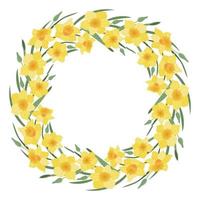 A wreath of narcissus flowers and leaves. Daffodils. Suitable for postcards and invitations. Vector