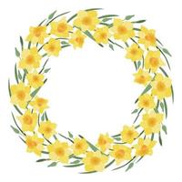 A wreath of narcissus flowers and leaves. Daffodils. Suitable for postcards and invitations. Vector