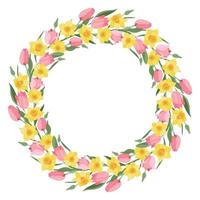 A wreath of tulips and daffodils. Spring. Easter. Suitable for postcards and invitations. Vector