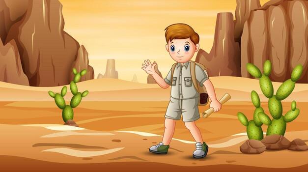 The scout boy hiking in desert field with maps vector