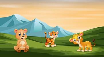 Wild animals enjoying at the green field vector