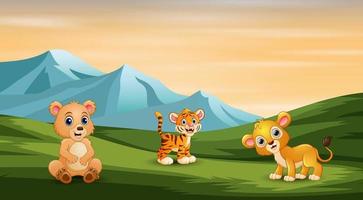 Wild animals enjoying at the green field vector