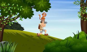 The explorer boy with his monkey in the jungle vector