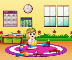 A girl reading a book in kindergarten classroom vector