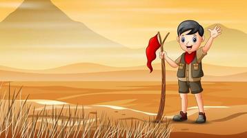 Scout boy hiking at dry land vector