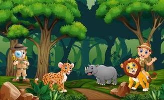 muchachos de safari con animales en el bosque vector