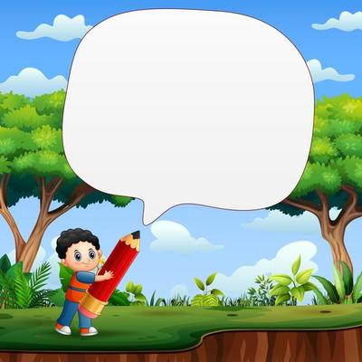 Speech bubble template with kid boy holding big pencil