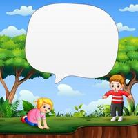 Speech bubble text with children playing on nature vector