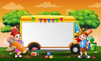 Frame template with yellow car and children vector