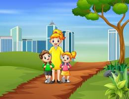 Happy children going to school with their mother vector