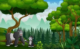 feliz madre gorila con su bebé en la jungla vector