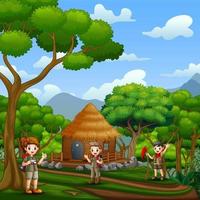 The scouts in front a wooden cottage in the forest vector