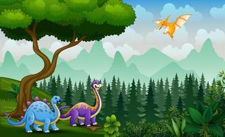 escena con dinosaurios jugando en la jungla vector