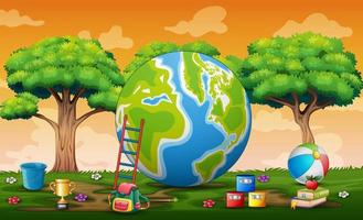 A painted globe on the nature at sunset vector