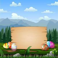 Easter eggs with blank sign in the middle of nature vector