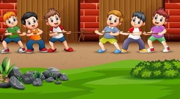 Children play tug of war in the backyard vector