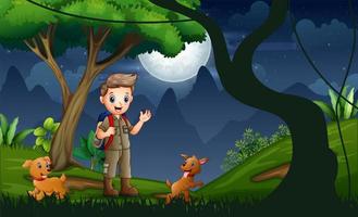 Scout boy with dogs hiking at night vector