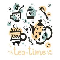 colección de tetera y taza dibujada a mano aislada sobre fondo blanco. ilustración vectorial doodle iconos de la hora del té para el diseño del menú de cafetería y restaurante vector