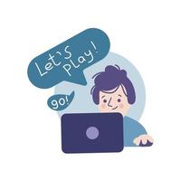 Video gamer icon, smiling guy sitting at a laptop and saying let's play. Flat style vector, blue and purple colors isolated on white background. vector