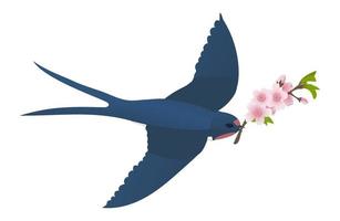 Flying swallow with a sakura branch. Vector cartoon Illustration.