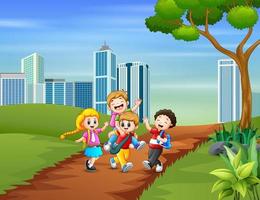 Happy children going to school together vector