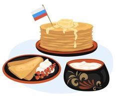 National Russian cuisine. Delicious thin pancakes with sour cream. Vector illustration in cartoon style can be used for menus, recipes, applications