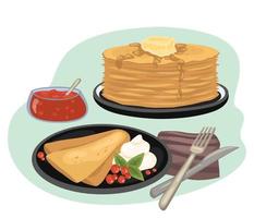 Delicious bright breakfast. A stack of pancakes and a pancake envelope on a plate with berries and jam. Vector illustration in cartoon style can be used for menus, recipes, applications