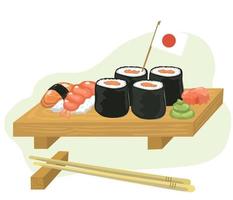 cocina nacional japonesa. delicioso sushi y rollos en un soporte de madera. la ilustración vectorial en estilo de dibujos animados se puede utilizar para menús, recetas, aplicaciones vector