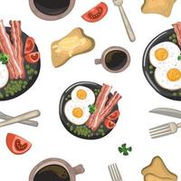 Pattern English breakfast of scrambled eggs with bacon, toast and coffee. Vector illustration in cartoon style can be used for menus, recipes, applications