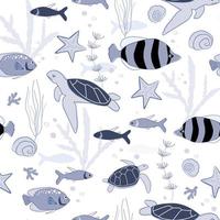 A set of seamless patterns on a marine ornament. Print with the image of fish, jellyfish, coral, shells, turtles of simple shapes. Vector graphics.