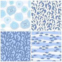 A set of seamless patterns on a marine ornament. Print with the image of fish, jellyfish, coral, shells, simple shapes. Vector graphics.